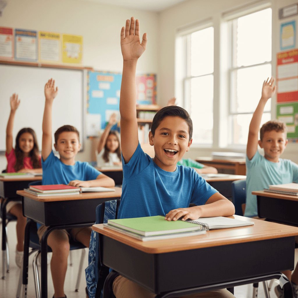 Happy student raising hand in class